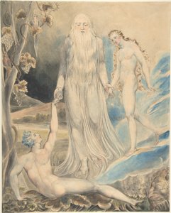 Jumalan läsnäolon enkeli tuo Eevan Aadamin luo (Eevan luominen: "Ja häntä kutsuttakoon naiseksi") (etupuoli); luonnos samasta aiheesta (kääntöpuoli) tekijältä William Blake