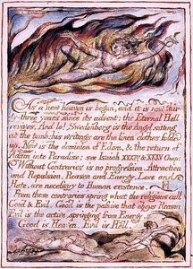 "Niin kuin uusi taivas on alkanut...", kuvitus teoksesta "Taivaan ja helvetin avioliitto", n. 1790-3 (reliefetsaus viimeistelty kynällä ja akvarellilla) tekijältä William Blake