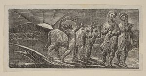 Poika palaa iloisena, aura ja härkä, Thorntons Pastorals of Vergilistä, 1821. tekijältä William Blake