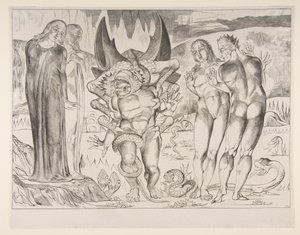 Varkaiden ympyrä: Agnello Brunelleschi, johon kuusijalkainen käärme hyökkäsi, Dan..., n. 1825-27. tekijältä William Blake