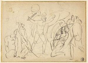 Klassinen taistelu (recto); Luonnos miesalastosta (käänteinen) tekijältä William Blake
