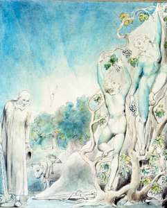 Comus tapaa yhden veljistä, joka poimii hedelmiä ruokkiakseen Ladyn. 1800-luku (akvarelli) tekijältä William Blake