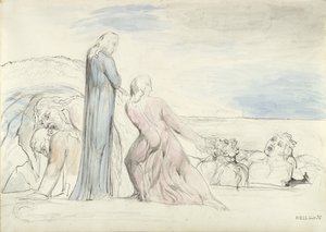 Dante tarttuu petturi Boccaa hiuksista, kuvitus Dante Alighierin "jumalalliseen komediaan" tekijältä William Blake