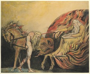 Jumala tuomitsee Aatamia, noin 1795 (värillinen etsaus, jossa on kynä, tussi ja akvarelli). tekijältä William Blake