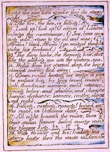 "Hurled the vastasyntyneen ihmeen läpi" tähtikirkas yö", teksti "Taivaan ja helvetin avioliitto", n. 1790-3 (reliefi etsaus viimeistelty kynällä ja akvarellilla) tekijältä William Blake