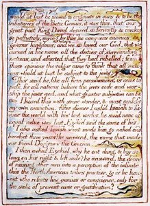 "Olisin vihdoinkin peräisin...", teksti ja kuvitus "Taivaan häistä", n. 1790-1793 (kynällä ja akvarellilla viimeistelty kohokuvio) tekijältä William Blake