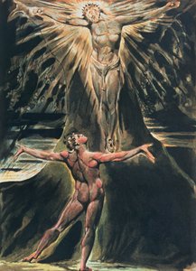 Jerusalem Jättiläisen Albionin emanaatio; levy 76 Albion ennen Kristusta ristiinnaulittu tiedon ja hyvän ja pahan puuhun, 1804-20 (reljeefsyövytys viimeistelty wc:llä) tekijältä William Blake
