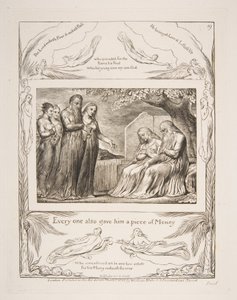 Job vastaanottaa hyväntekeväisyyttä, kuvituksista Jobin kirjasta, 1825-26. tekijältä William Blake