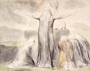 Jobin uhri: Ja palvelijani Job rukoilee puolestasi (kynä ja muste vesivärillä paperille) tekijältä William Blake