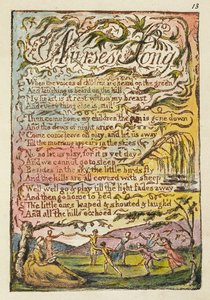 Sairaanhoitajan laulu, kuvitus julkaisusta Songs of Innocence and of Experience, (Bentley Copy L) pl.13 (Bentley 24) 1789-94 (reliefisyövytys kynällä ja wc:llä paperille) tekijältä William Blake