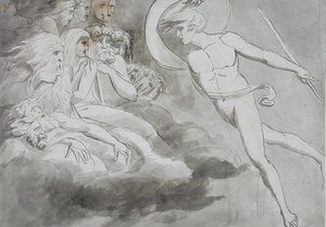 Saatana lähestyy kaaoksen tuomioistuinta tekijältä William Blake