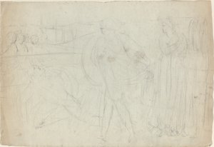 Luonnos miekkamiehestä, joka seisoo voitetun vastustajansa päällä [recto] tekijältä William Blake