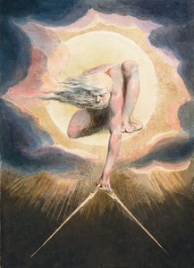 Päivien muinainen - Urizen mittaa aineellista maailmaa - Urizen mittaa aineellista maailmaa. Kuva kirjan "Eurooppa" etulevystä. Profetiaan." William Blaken (1757-1827) piirustus tekijältä William Blake