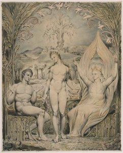Arkkienkeli Rafael Aatamin ja Eevan kanssa (kuvitus Miltonin Kadotettu paratiisi -teokseen). tekijältä William Blake