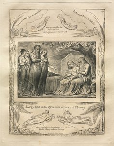 Jobin kirja: Pl. 19, Jokainen antoi hänelle myös palan rahaa, 1825. tekijältä William Blake