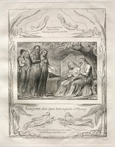 Jobin kirja: Pl. 19, Jokainen antoi hänelle myös palan rahaa, 1825. tekijältä William Blake