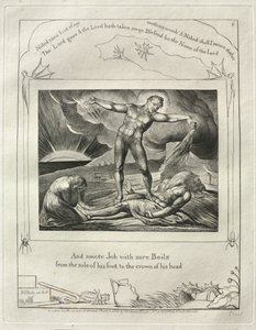 Jobin kirja: Pl. 6, Ja löi Jobia jalkapohjasta kipeillä paiseilla..., 1825. tekijältä William Blake
