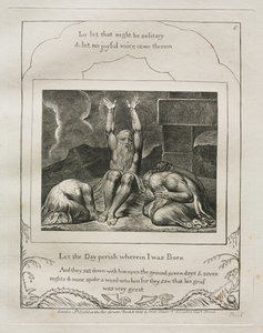Jobin kirja: Pl. 8, hukkukoon päivä, jolloin synnyin, 1825. tekijältä William Blake