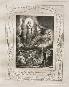 Jobin kirja: Pl. 9, Sitten Henki kulki kasvojeni edestä, lihani karvat nousivat, 1825. tekijältä William Blake