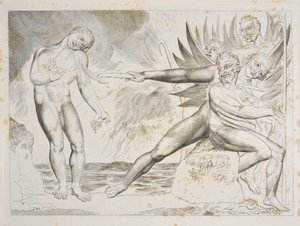 Korruptoituneiden virkamiesten ympyrä: Paholaiset piinaavat Ciampolo Infernoa, Canto XXII, kuvitus Dante Alighierin jumalallisesta komediasta, n. 1827-38 (kaiverrus) tekijältä William Blake