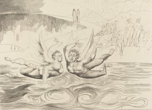 Korruptoituneiden virkamiesten ympyrä, paholaiset raiskaavat toisiaan, 1827. tekijältä William Blake