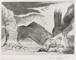 Väärentäjien ympyrä: Dante ja Virgil peittävät nenänsä hajun takia, 1827. tekijältä William Blake