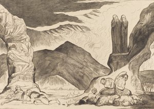 Väärentäjien ympyrä: Dante ja Virgil peittävät nenänsä hajun takia, 1827. tekijältä William Blake