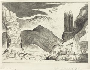 Väärentäjien ympyrä, Dante ja Virgil peittävät nenänsä hajun takia, 1827. tekijältä William Blake