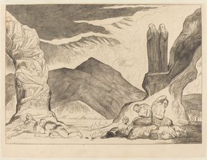 Väärentäjien ympyrä: Dante ja Virgil peittävät nenänsä pyhän takia tekijältä William Blake