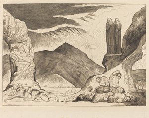 Väärentäjien ympyrä: Dante ja Virgil peittävät nenänsä pyhän takia tekijältä William Blake