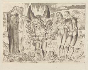 Varkaiden piiri; kuusijalkainen käärme hyökkää Agnolo Brunelleschin kimppuun tekijältä William Blake