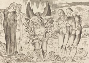 Varkaiden ympyrä, Agnolo Brunelleschi Kuusijalkaisen käärmeen kimppuun, 1827. tekijältä William Blake