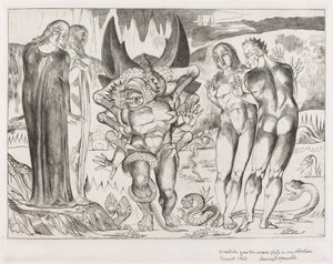 Varkaiden ympyrä, Agnolo Brunelleschi Kuusijalkaisen käärmeen kimppuun, 1827. tekijältä William Blake