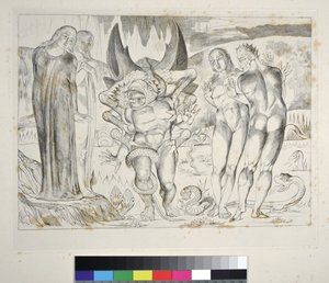 El cercle dels lladres: Agnolo Brunelleschi atacat per un infern de serp de sis peus, Cant XXV, il·lustració de la "Divina Comèdia" de Dante Alighieri finlandès tekijältä William Blake