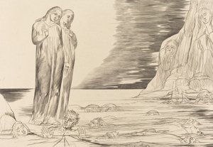 Petturien ympyrä, Danten jalka iskee Bocca degli Abbateen, 1827. tekijältä William Blake
