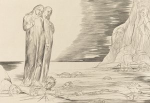 Petturien ympyrä, Danten jalka iskee Bocca degli Abbateen, 1827. tekijältä William Blake