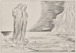 Petturien ympyrä: Danten jalka iskevä Bocca degli Abbate, Danten Infernosta, Canto XXXII kuvitus Danten jumalalliseen komediaan tekijältä William Blake