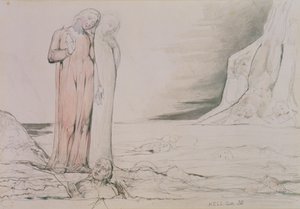 The Circle of the Traitors, kuvitus Dante Alighierin (1265-1321) jumalallisen komedian "Infernon" kantosta 32 (kynä ja muste, kynä, akvarelli paperille) tekijältä William Blake