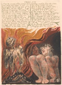 Urizenin ensimmäinen kirja, levy 10, "7. Hänen nivelletyn selkärangansa onteloista...." (Bentley 11) tekijältä William Blake