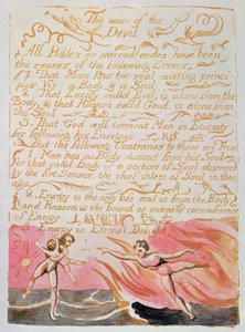 Taivaan ja helvetin avioliitto; Paholaisen ääni, n. 1790 (akvarelleilla sävytetty kohokuvioetsaus) tekijältä William Blake