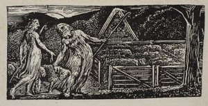 Thenot ja Colinet johtivat laumaansa yhdessä, Thorntonin Pastorals of Vergil, 1821. tekijältä William Blake
