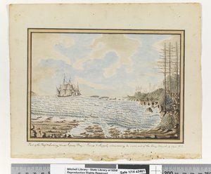 Opp. p. 194. "Osa riutta & Landing paikkoja Sydney Bay; Sirius & Supply yrittää työskennellä lahden ulkopuolella. 19. maaliskuuta 1790