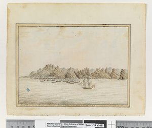 Opp. s. 19. "Santa Cruz Teneriffan kaakkoispuolella; Sirius & Convoy in the Roads. Kesäkuu 1787. Huippu, joka näkyy kahden muun vuoren välisessä kuilussa, n. 1802 (akvarelli) tekijältä William Bradley