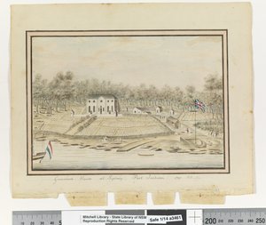 Opp. s. 225. "Kuvernöörin talo Sydneyssä, Port Jackson 1791", n. 1802 (akvarelli) tekijältä William Bradley