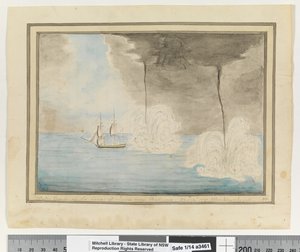 Opp. s. 290. `Vesi juoksee Jaavan rannikolla lähellä Batavaiaa. 24. syyskuuta 1791. Waakzamheydt, n. 1802 (akvarelli) tekijältä William Bradley