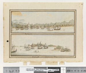 Opp. p. 292. "Batavia" ja "Onrust in Batavia Bay", n. 1802 (akvarelli) tekijältä William Bradley