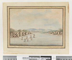 Opp. s. 56. `Kasvitieteellinen lahti. Sirius & Convoy tulossa: Supply & Agents Division in the Bay. 21. tammikuuta 1788, n. 1802 (akvarelli) tekijältä William Bradley