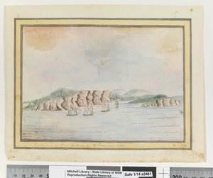Opp. s. 65. "Port Jacksonin sisäänkäynti 27. tammikuuta 1788", n. 1802 (akvarelli) tekijältä William Bradley