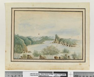 Opp. p. 92. "Broken Bayn New South Walesin pohjoinen käsivarsi saarelta sisäänkäynnin kohdalla syyskuu 1789", n. 1802 (akvarelli) tekijältä William Bradley