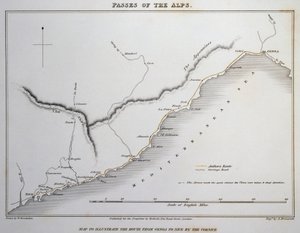 Kartta merialpeilla, Genovan ja Nizzan välinen rannikkotie, kuvista Kuvia Alppien solista, joita pitkin Italia on yhteydessä Ranskaan, Sveitsiin ja Saksaan, William Brockedon (1787-1854), kaiverrus kupariin, Lontoo